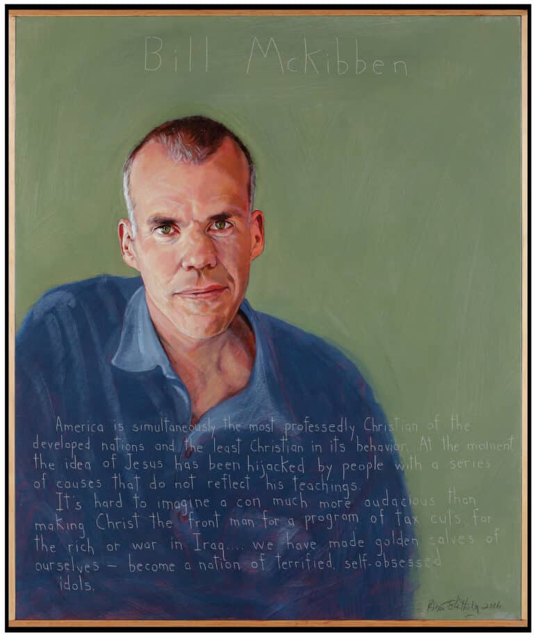 A portrait of Bill McKibben, an older white man with very short hair, green eyes, and a blue, long-sleeved shirt. The background for his portrait is green.