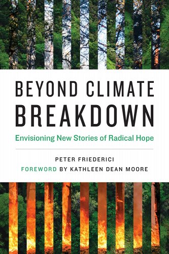 The cover for "Beyond Climate Breakdown". The cover is split into three sections: the top section shows green trees and strips of sky. The middle section is a white rectangle with the title. The bottom section shows strips of green plants alternating with strips of fire. 
