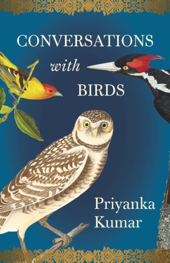 The cover for Conversations with Birds is dark blue with swirling dark gold edges. It has off-white writing and features a yellow bird with a red head, an owl, and a woodpecker. 