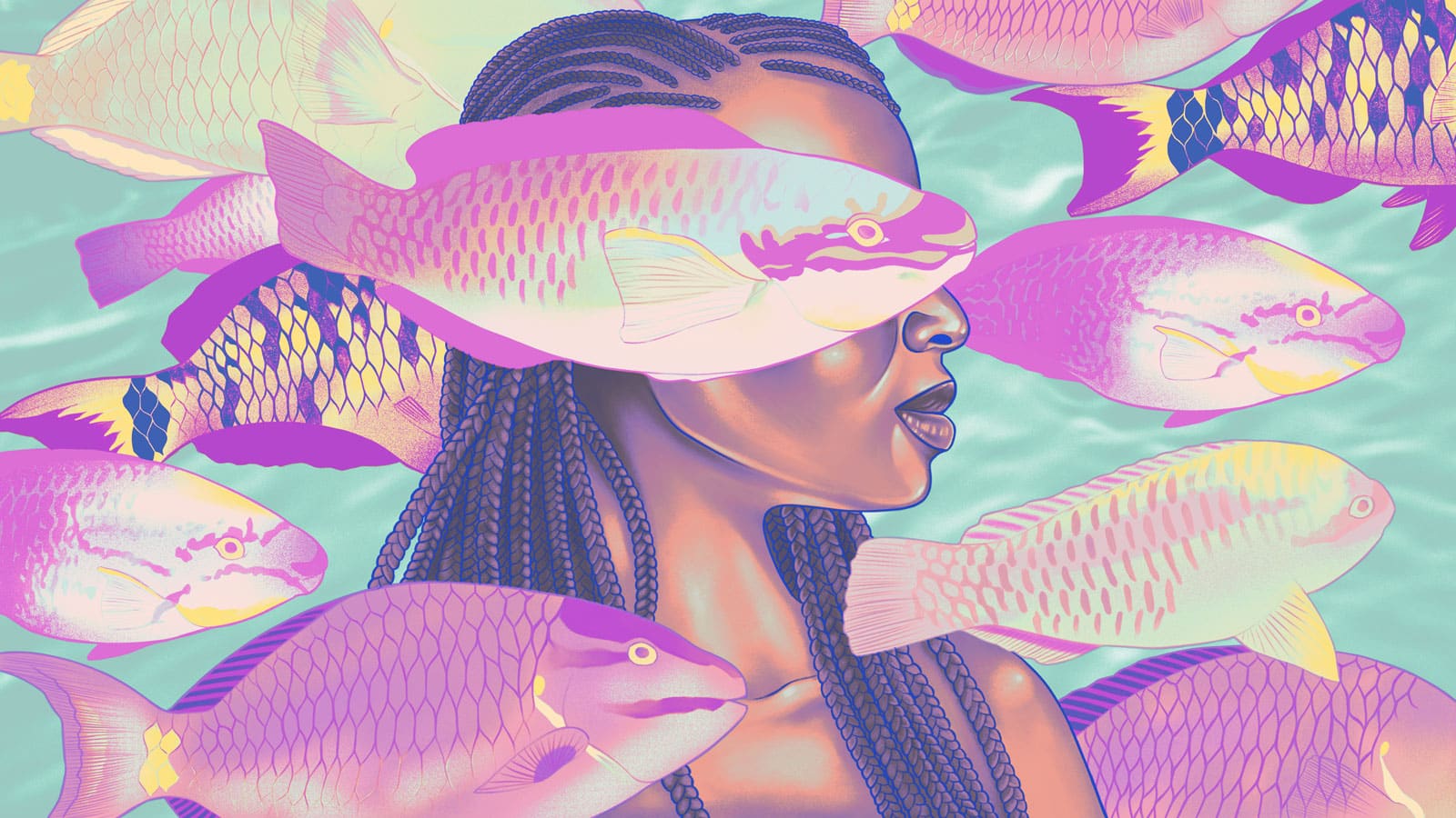 Art of a woman with long dark braids. She is in turquoise water, surrounded by pink, blue, and purple fish. One swims in front of her, covering her eyes.