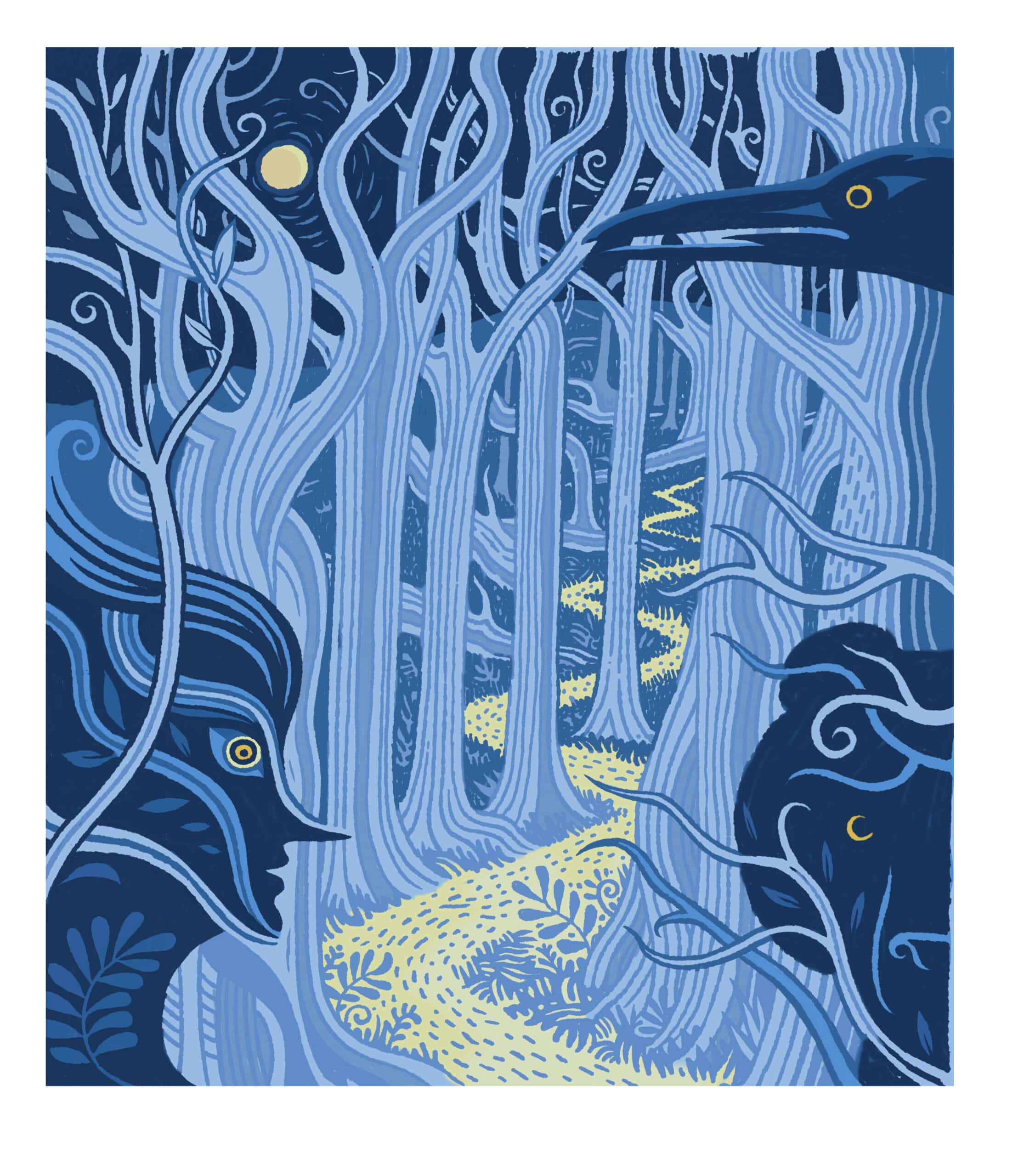 blue and yellow drawing with celtic-style raven and bear in the nighttime woods