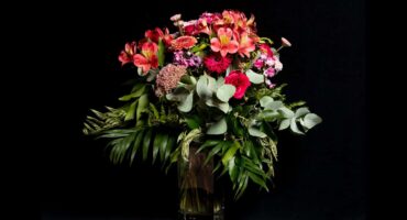 A vibrant bouquet of flowers sits against a black background