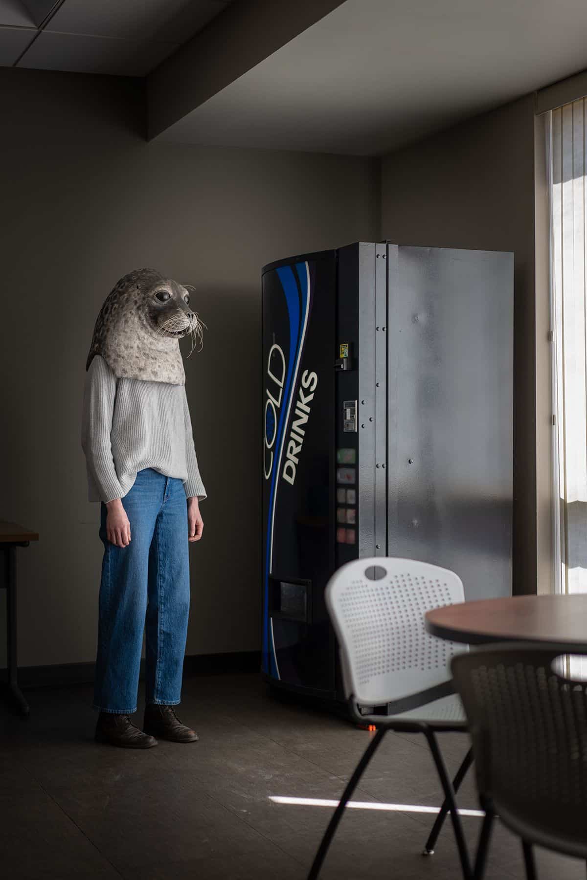 A person wearing a grey sweater and blue jeans standing next to an office vending machine while wearing a seal head over their head