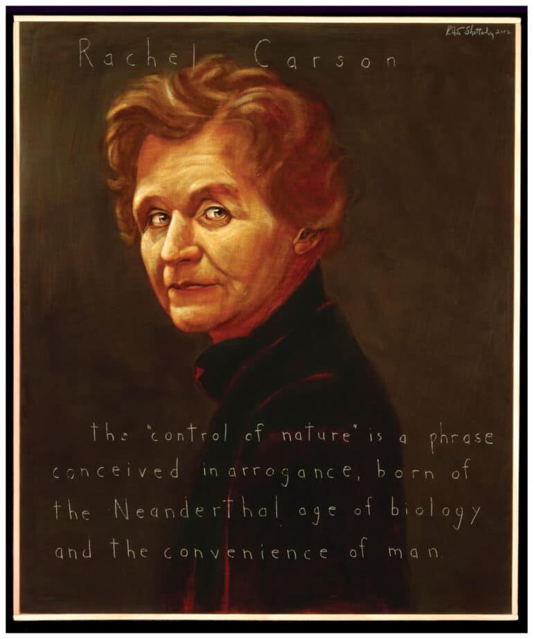 A portrait of Rachel Carson, an older white woman with short red hair. She wears all black and her background is a dark gray. 