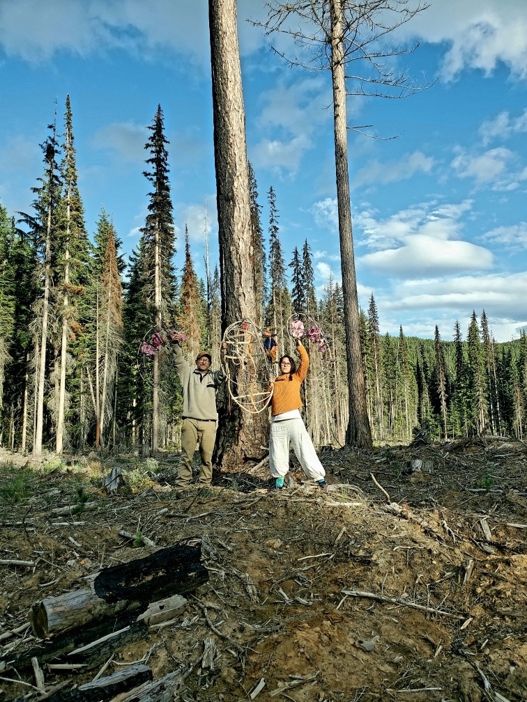 Author Rick Bass and artist Marina Tsaplina hold up parts of the Dream Puppet amidst a clearcut forest area in Montana's Yaak Valley. The background spears upward with large green trees, and, above, a blue sky. Rick and Marina have their arms raised above their heads, serious faced, in front of two lone trees spared in the clear cut.