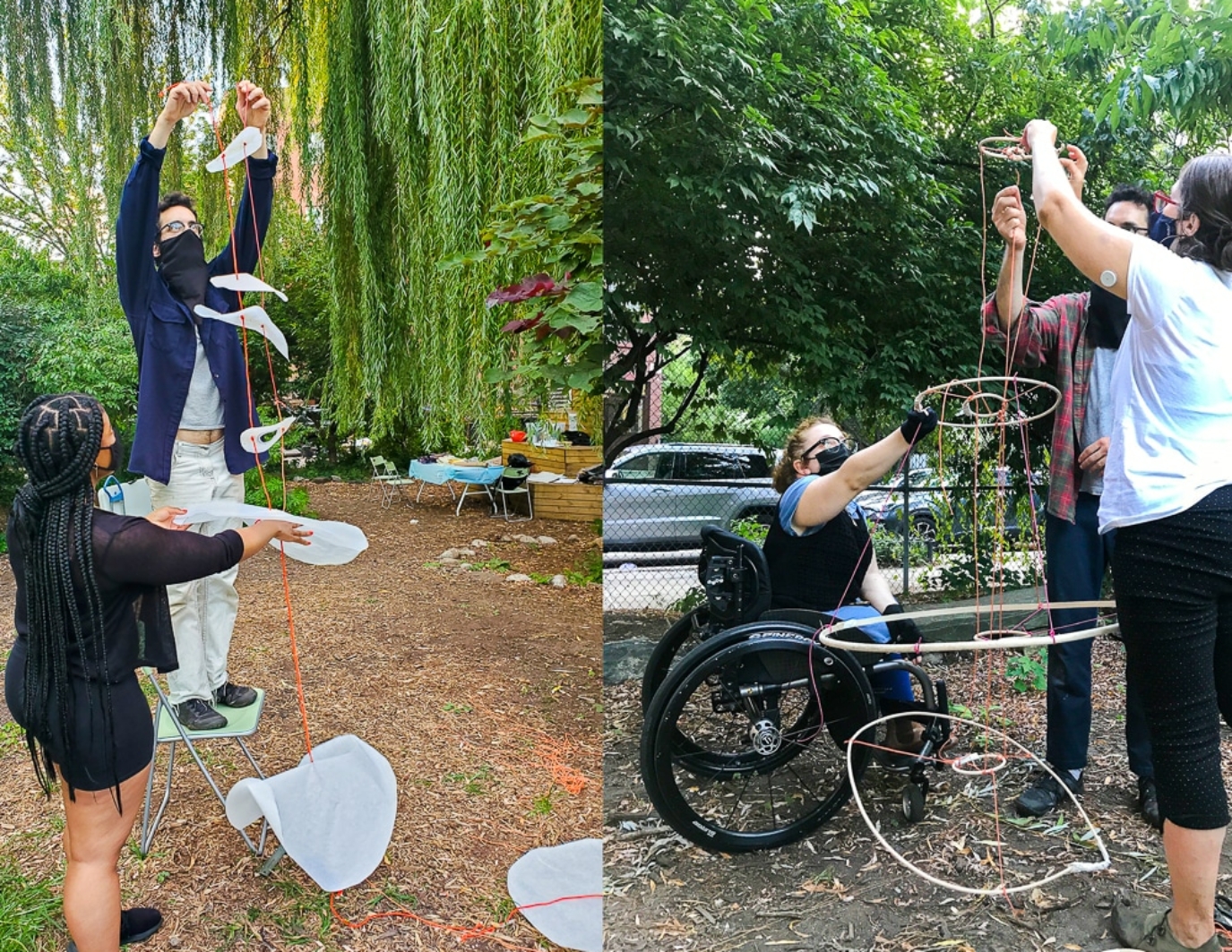 This is split screen image of volunteers putting together materials. Left: two artsts string together the spine of the dream puppet. One stands on a chair while the other one supports. Right: three folks add more to the puppet structure. All masked, one in a wheelchair. This is the NYC event.