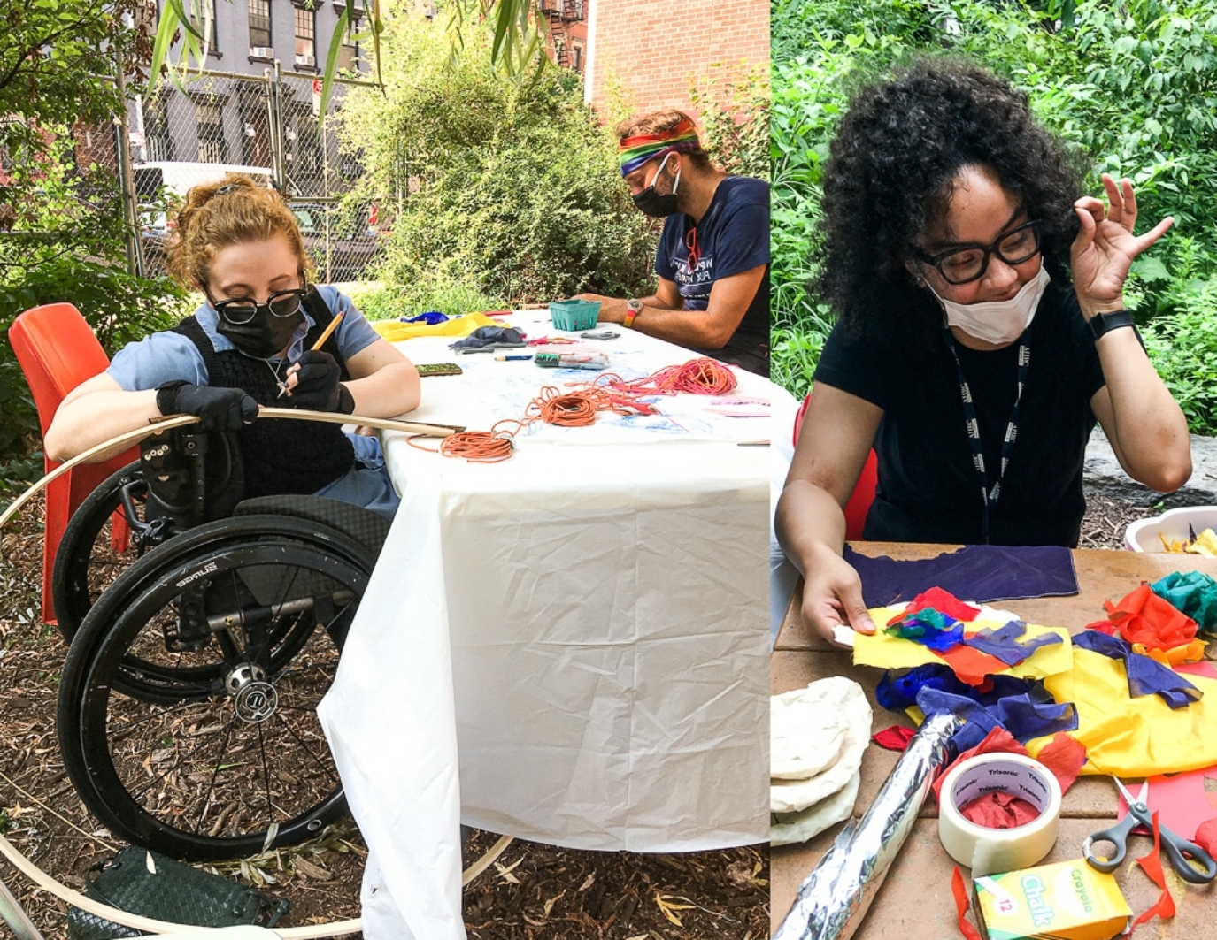 This is a split image of volunteers working. Left: A woman in a wheelchair leans to the right and is writing something on an arc of bamboo. They share a table with another person to the right. Right image: One person is seated at a table, masked but clearly enjoying themself, with multicolored fabrics spread out across the table.