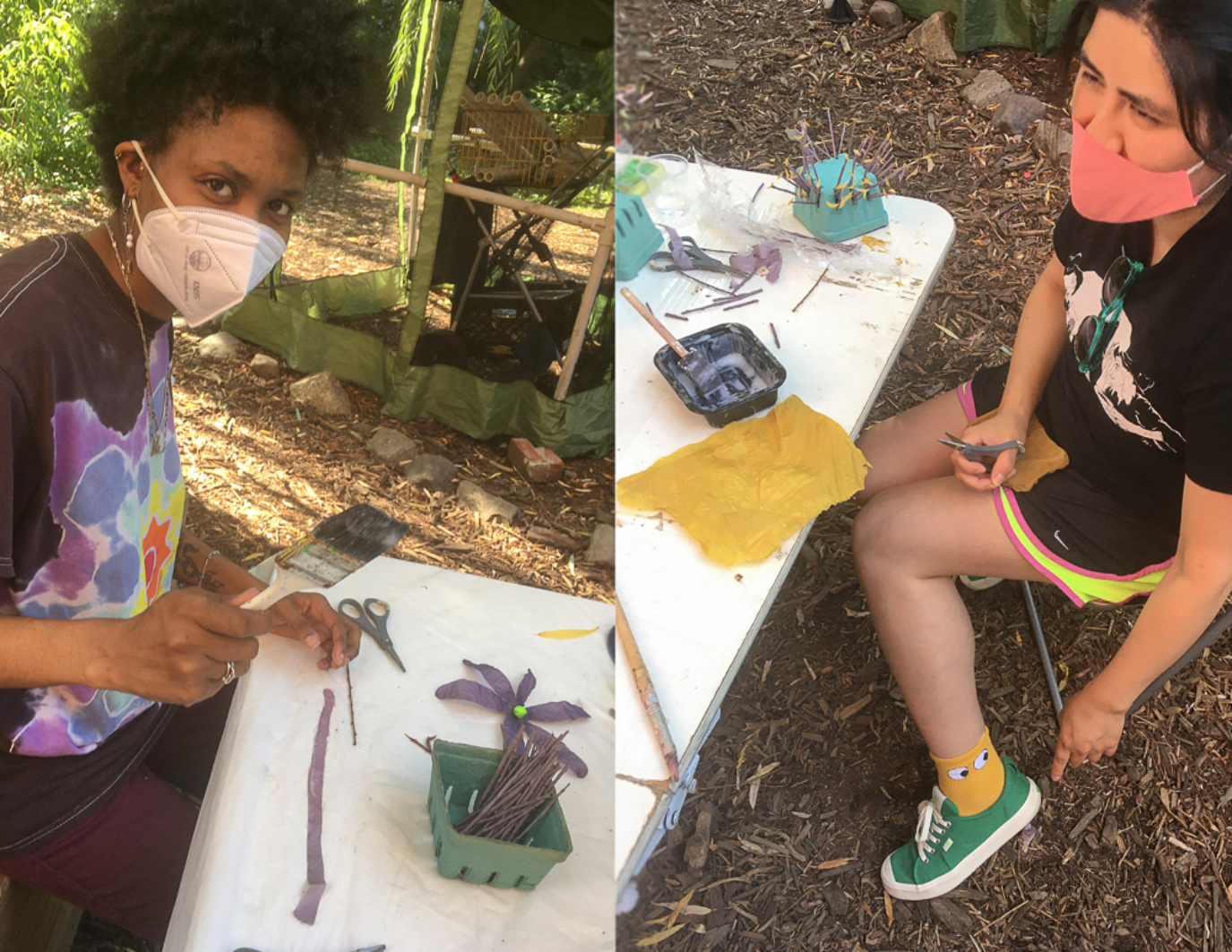 This is a split image. Left: a person poses for the image as they make purple flowers at a white table. There are trees in the background. Right: one person sits at a white table filled with materials. She has a pink mask on and yellow socks and green shoes.