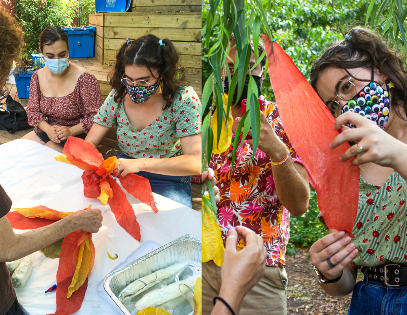 This is a split image: Left: artists sit around a white table and build large red and yellow flowers. Masked. Right: The same artists have tied their completed flowers made of silk to the trees to celebrate. One artist is holding a petal and looking intently at it, with joy in her eyes.