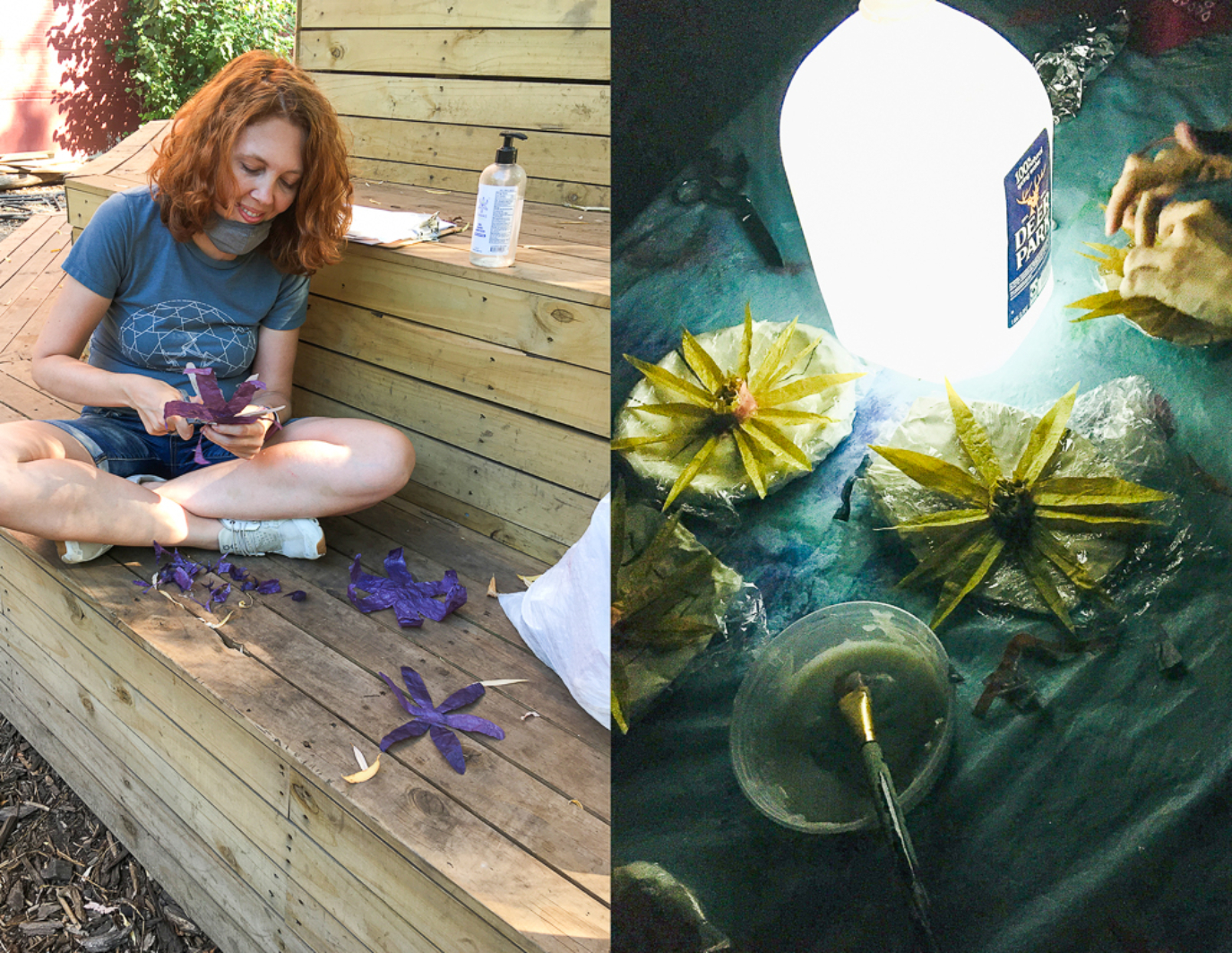 This is a split image: Left: One volunteer with red hair and a blue shirt sits crosslegged and puts together purple flowers. She sits on a wood bench. Right: It's nighttime and there is a glowing light bottle surrounded by yellow flowers handmade. There is a faded pair of hands in the top-right putting the flowers together.