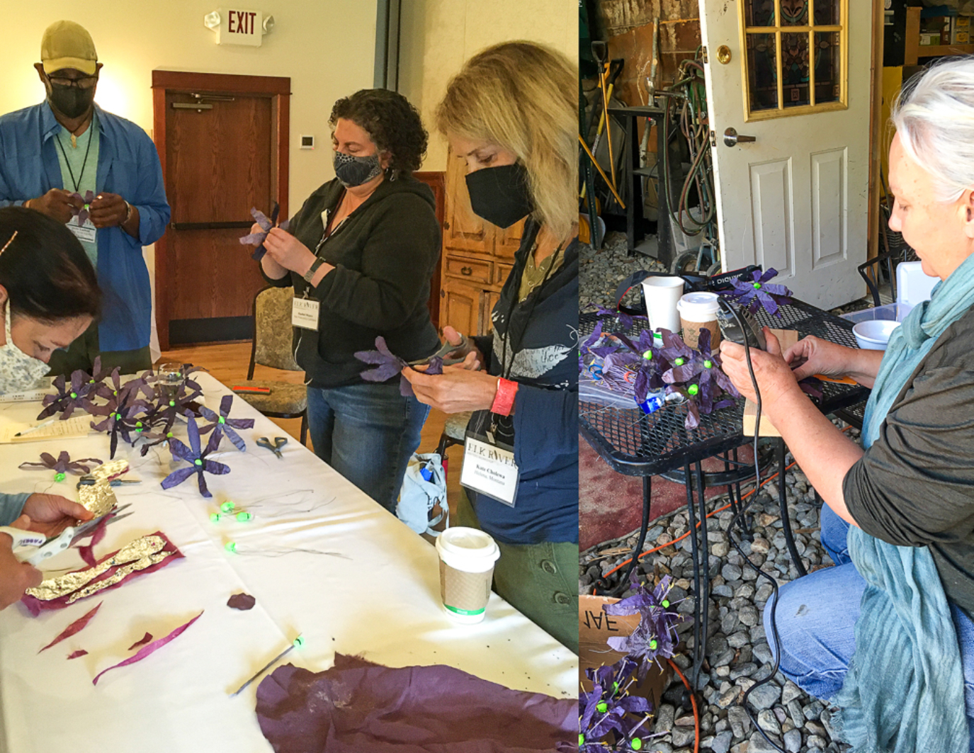 This is split image of volunteers at the Elk River Writers workshop helping to put together the Dream Puppet. Four folks in the left panel (including workshop leader J. Drew Lanham) and one elder lady seated in the right frame, smiling, and putting together purple flowers.