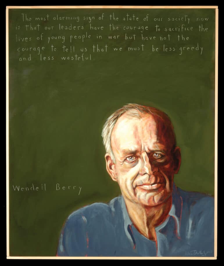 A portrait of Wendell Berry, an older white man with short white hair. He wears a blue shirt, and his background is green. 