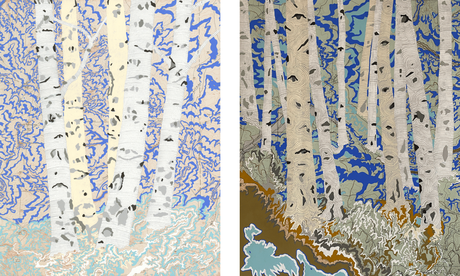 Two paintings of trees over a map; the rivers on the map have all been painted a deeper blue.