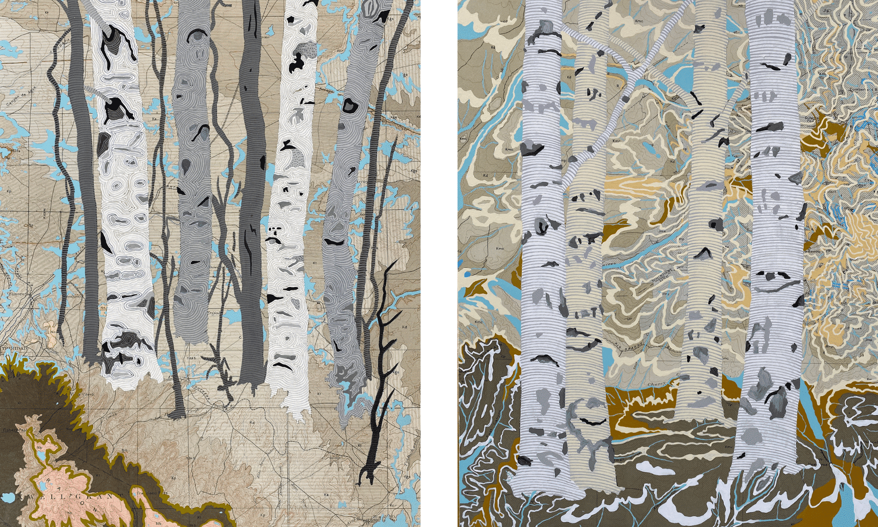 Two paintings of trees over a map; the rivers on the map have all been painted a deeper blue.