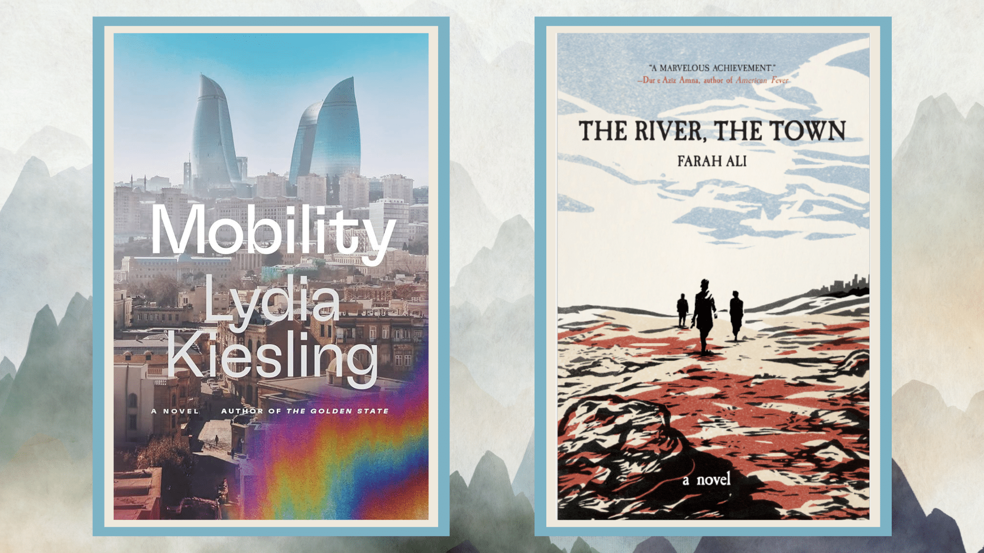 The book covers for Mobility and The River, The Town side by side over a background of misty mountains