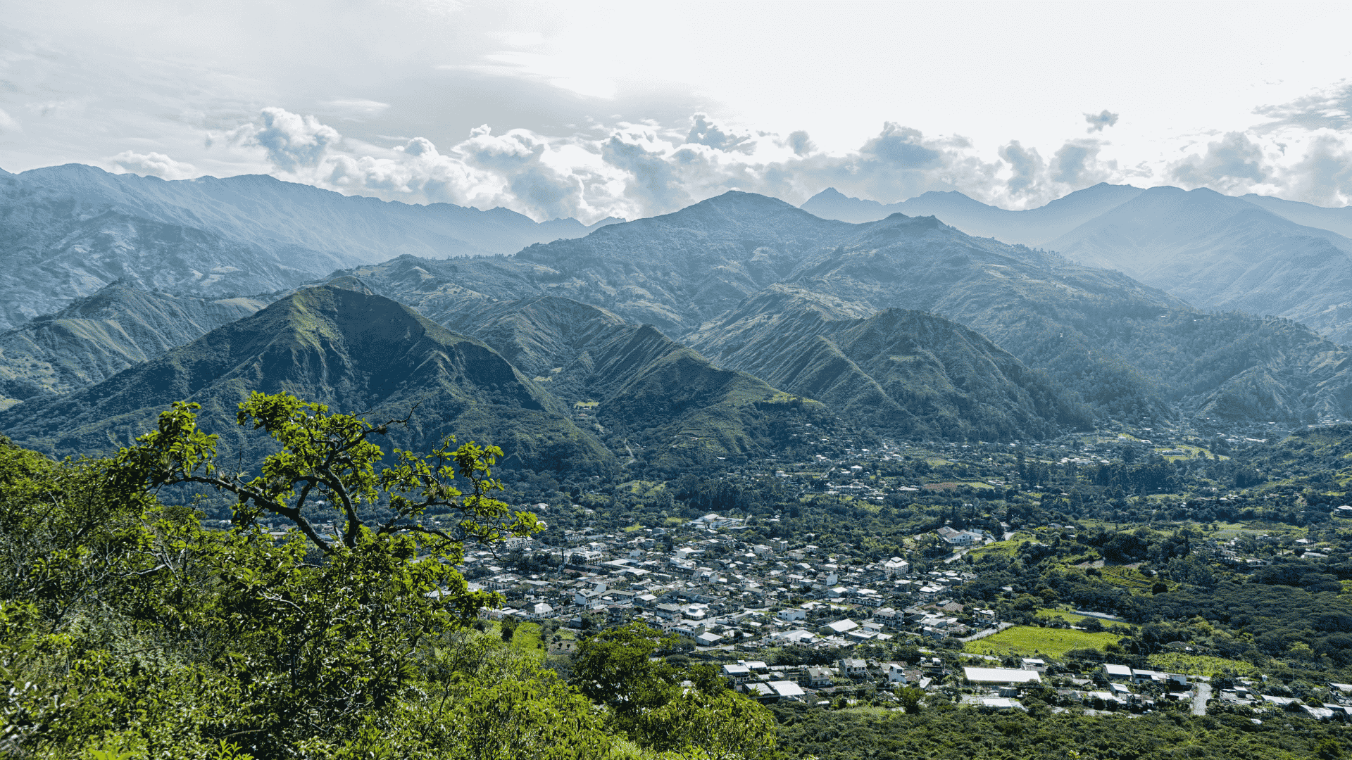 A photo of a city in Ecuador. In the foreground of the photo, buildings can be seen between lush green treees. In the background, mountians blur into a white, cloud-filled sky.