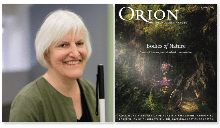 A photo of the editor, Georgina Kleege, smiling with a green shirt. The image is two panels: one portrait of Kleege on the left, and the cover of the Winter 2021 issue on the right, the "Dream Puppet" set in Montana's Yaak Valley.