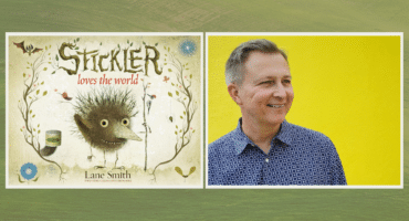 There are two images side by side on a green background: on the left is the book cover for Stickler, and on the right is a photo of author Lane Smith