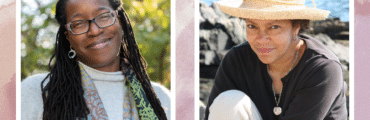 On the left is a photo of a Black woman smiling at the camera. She has long braids and glasses and is standing in front of trees with green leaves. On the right is another Black woman also smiling at the camera. She is sitting on rocks by water, and is wearing a straw hat.