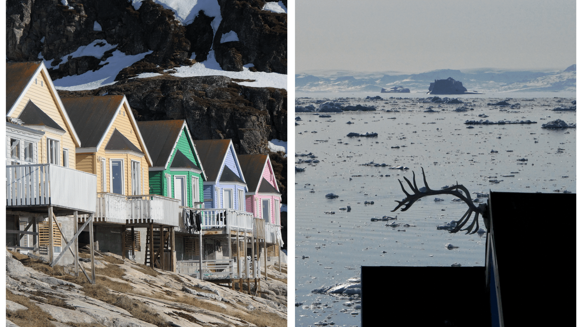 Left: a line of yellow, green, purple, and pink houses. Right: deer antlers on a roof in front of icy water