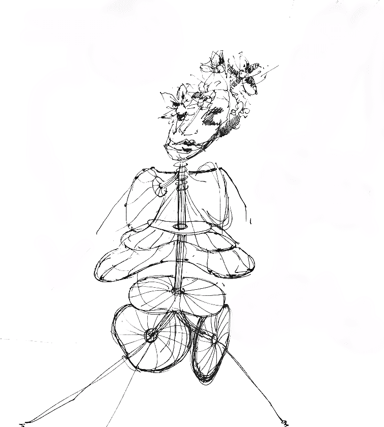 A black and white initial sketch of the Dream Puppet. The puppet has flowers adorning its head and a body with lungs and a flowering lower trunk that meets two wheels. 