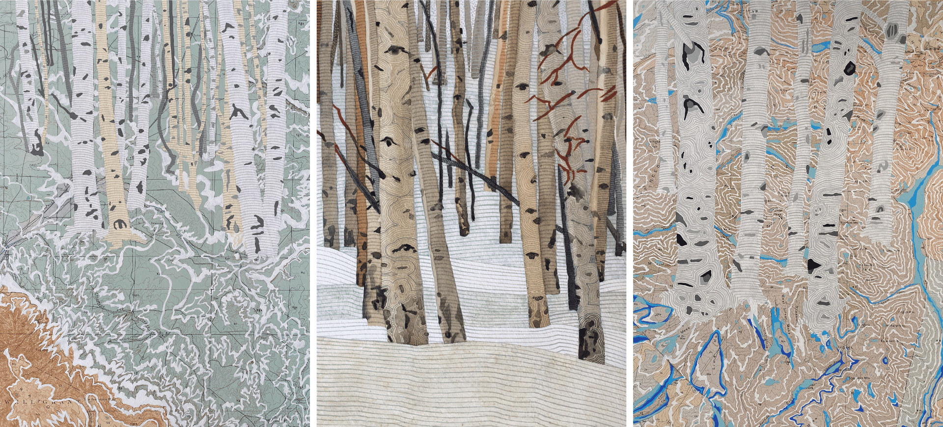 Three paintings of trees over a map; the rivers on the map have all been painted a deeper blue.