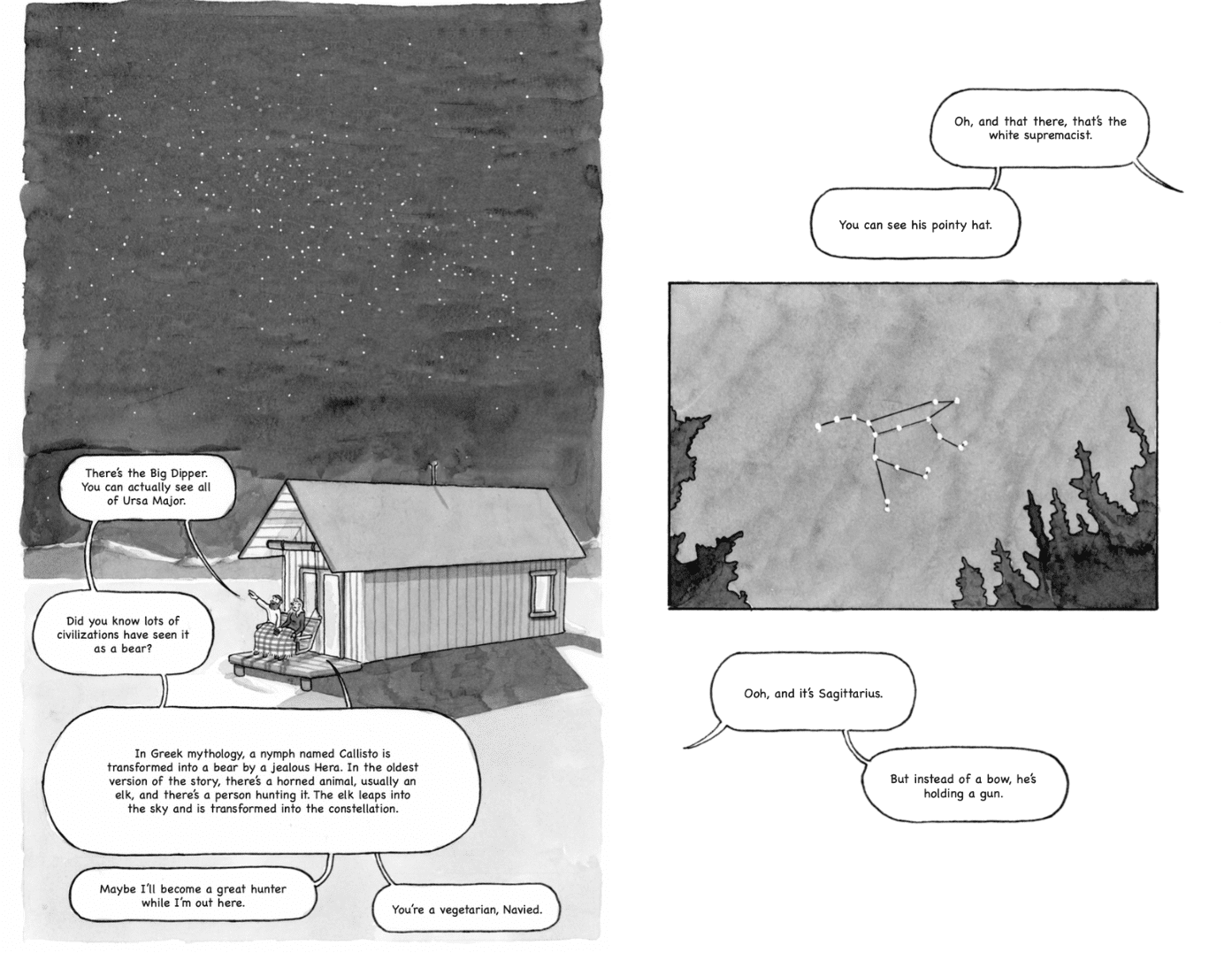 A comic illustration of Navied and his wife sitting on a porch, looking up at a sky full of stars. In the next panel, only the constellation Sagittarius is shown. 