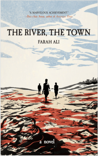 The book cover for The River, The Town. It features an illustration of three people silhouetted as they walk down a rocky path