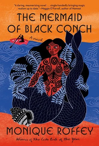 The cover of "The Mermaid of Black Conch". It has a beautifully stylied Black Mermaid over blue water and orange and yelow land